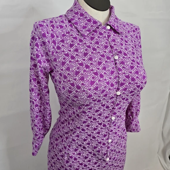 VTG 60's-70's Homemade Floral Geometric Long Sleeve Button Down Dress Sz S - Picture 2 of 14